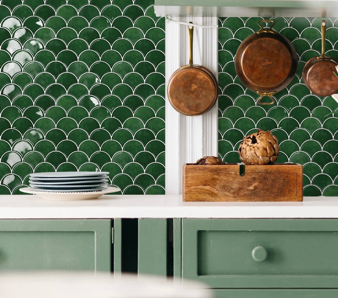 10-Sheet Emerald Green Fish Scale Tile Peel and Stick Backsplash