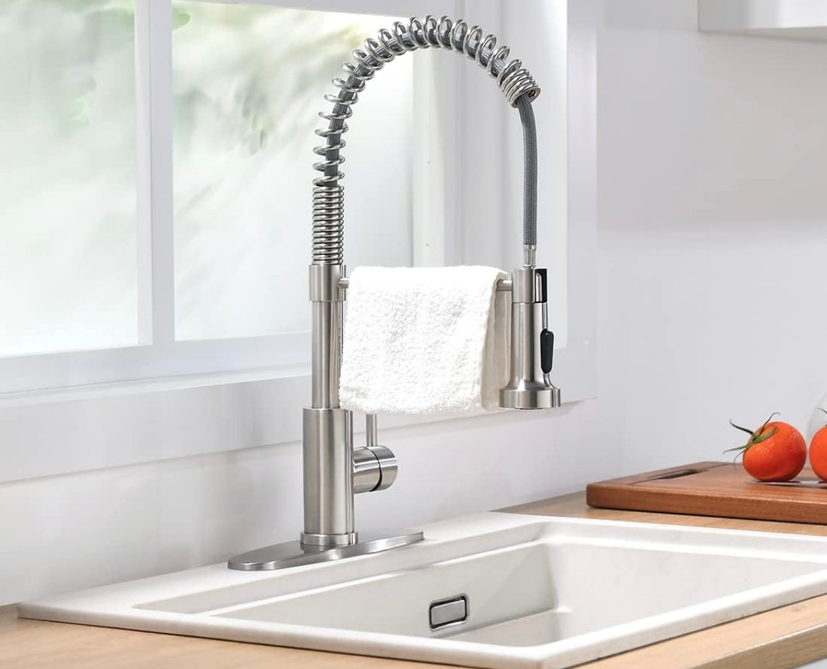 Kitchen Faucet with Pull Down Sprayer Brushed Nickel Stainless Steel Single Handle Pull Out Spring Sink Faucets 1 Or 3 Hole Dual Function for Farmhouse Camper Laundry Utility Rv Wet Bar