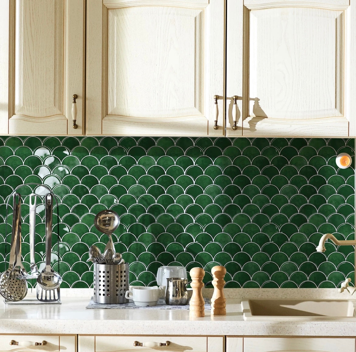 10-Sheet Emerald Green Fish Scale Tile Peel and Stick Backsplash