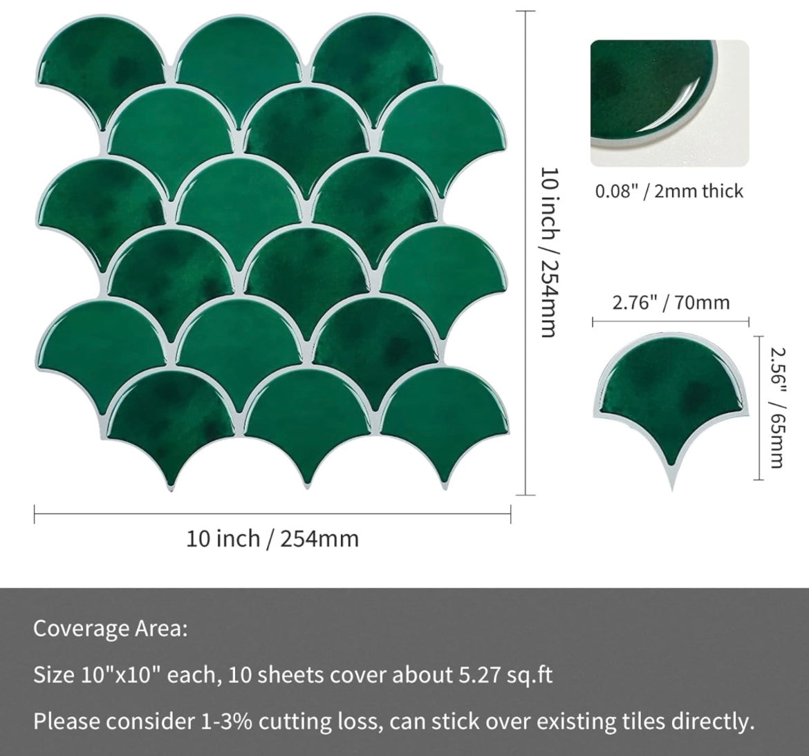 10-Sheet Emerald Green Fish Scale Tile Peel and Stick Backsplash