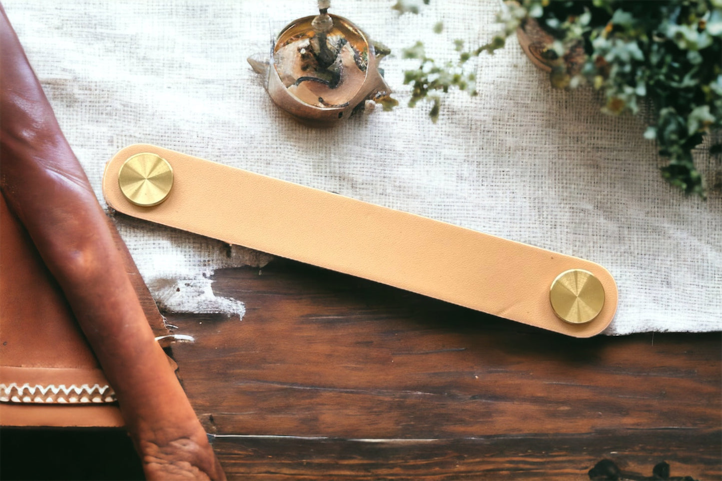 6pk Khaki Leather Pull 128mm 2Hole Handle Pull Light Cabinet Handle, Modern Style Furniture