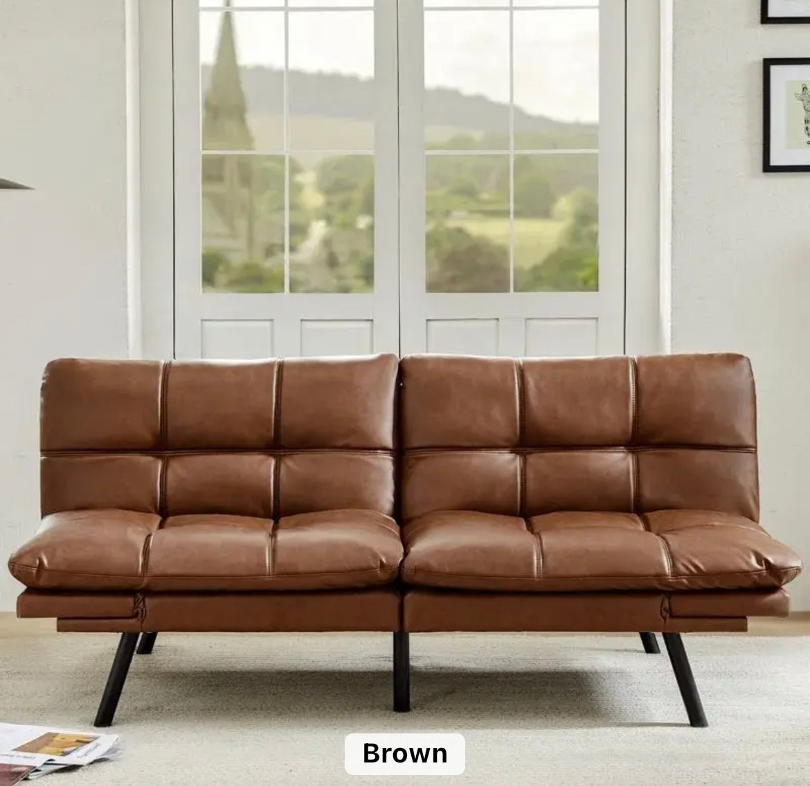 RV Convertible Futon Sofa Bed,Sleeper Faux Leather Futon Bed Couch,Memory Foam Futon Sofa,Loveseat Sofa Bed,Small Splitback Modern Sofa for Living Room,Office,Apartment, Light Brown