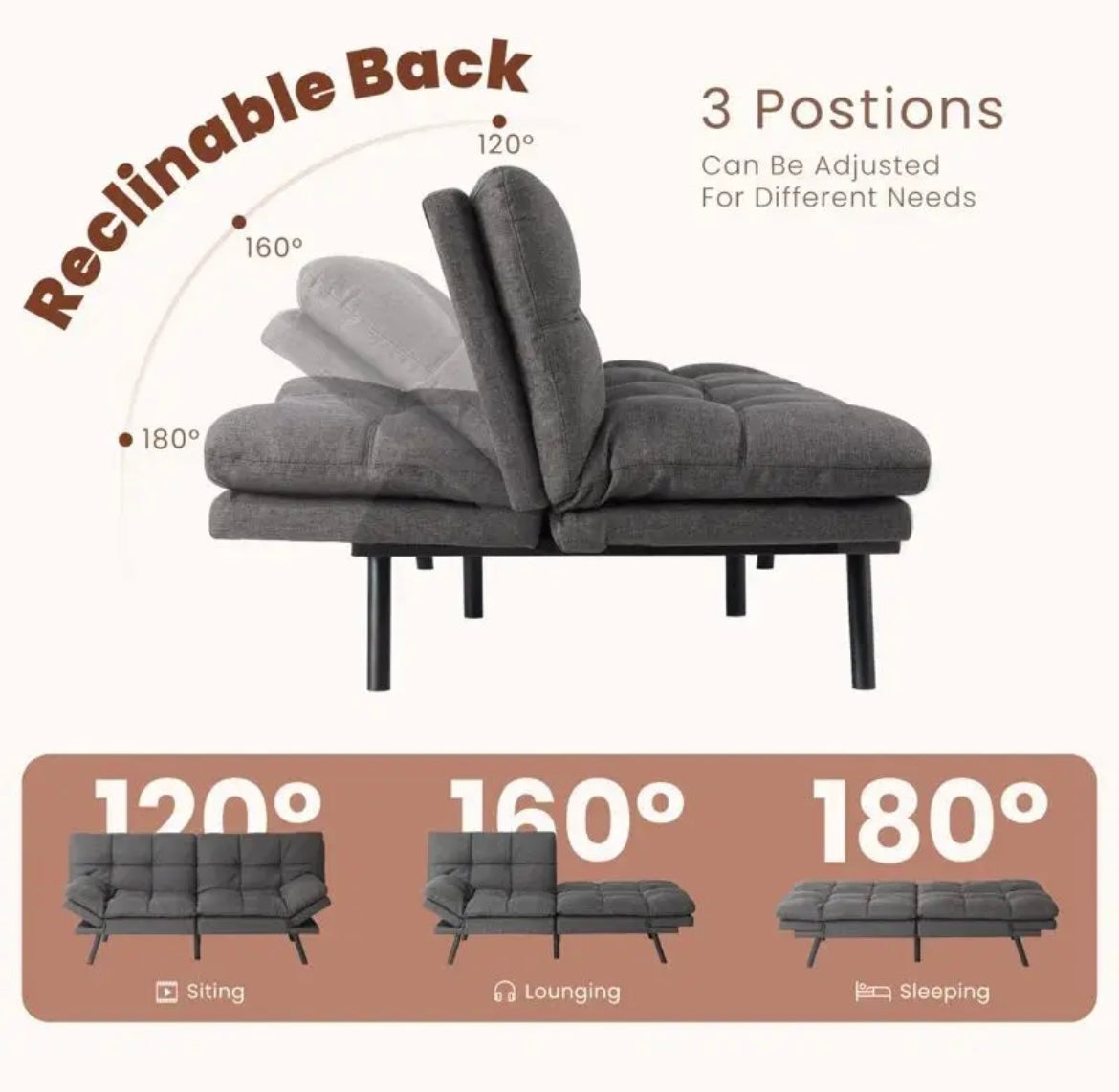 RV Convertible Futon Sofa Bed,Sleeper Faux Leather Futon Bed Couch,Memory Foam Futon Sofa,Loveseat Sofa Bed,Small Splitback Modern Sofa for Living Room,Office,Apartment, Gray