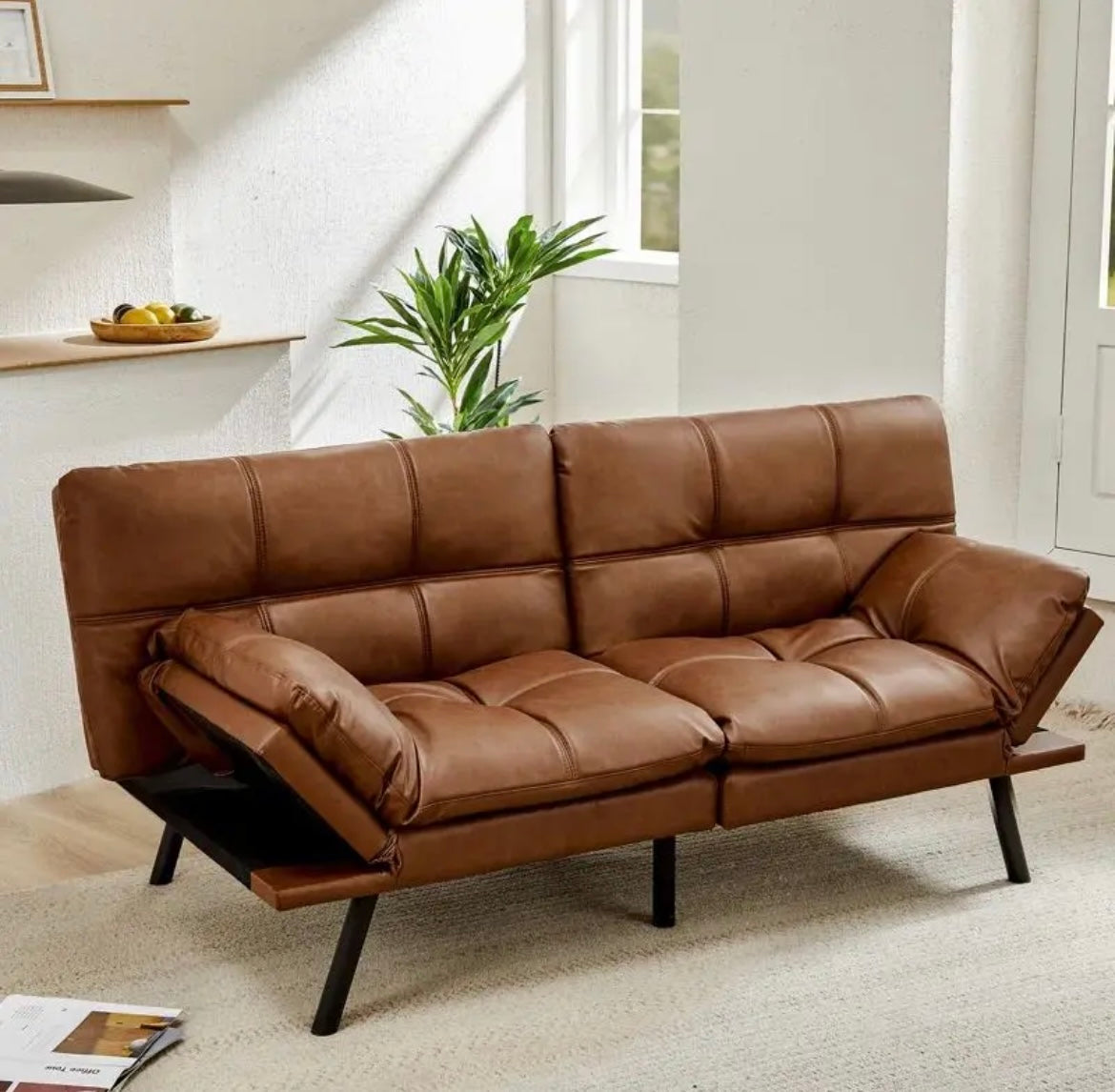 RV Convertible Futon Sofa Bed,Sleeper Faux Leather Futon Bed Couch,Memory Foam Futon Sofa,Loveseat Sofa Bed,Small Splitback Modern Sofa for Living Room,Office,Apartment, Light Brown