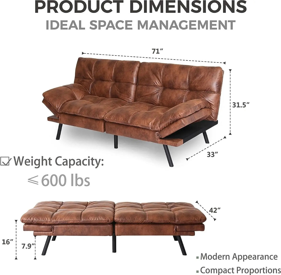 RV Convertible Futon Sofa Bed,Sleeper Faux Leather Futon Bed Couch,Memory Foam Futon Sofa,Loveseat Sofa Bed,Small Splitback Modern Sofa for Living Room,Office,Apartment, Light Brown