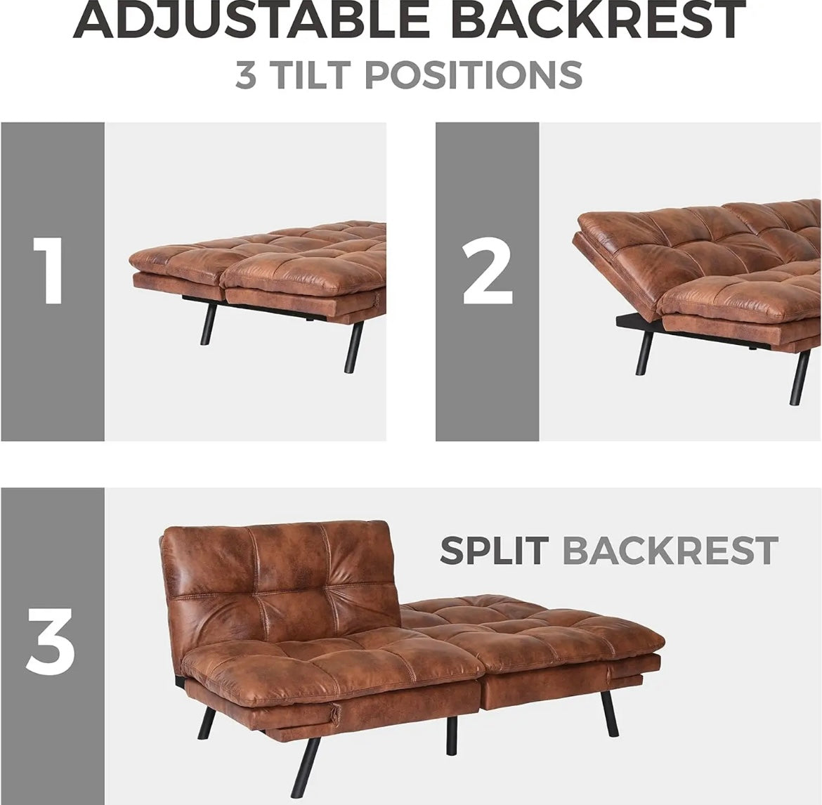 RV Convertible Futon Sofa Bed,Sleeper Faux Leather Futon Bed Couch,Memory Foam Futon Sofa,Loveseat Sofa Bed,Small Splitback Modern Sofa for Living Room,Office,Apartment, Light Brown