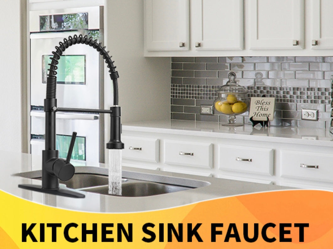 Kitchen Faucet with39 Down Sprayer, Black, Single Handle Pull Out Spring Sink Faucets 1 Or 3 Hole Dual Function for Farmhouse Camper Laundry Utility Rv Wet Bar