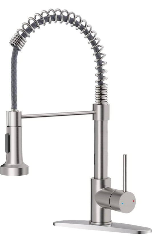 Kitchen Faucet with Pull Down Sprayer Brushed Nickel Stainless Steel Single Handle Pull Out Spring Sink Faucets 1 Or 3 Hole Dual Function for Farmhouse Camper Laundry Utility Rv Wet Bar