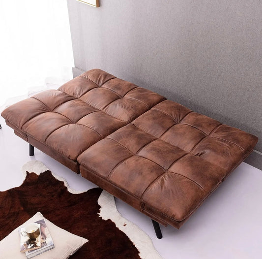RV Convertible Futon Sofa Bed,Sleeper Faux Leather Futon Bed Couch,Memory Foam Futon Sofa,Loveseat Sofa Bed,Small Splitback Modern Sofa for Living Room,Office,Apartment, Light Brown