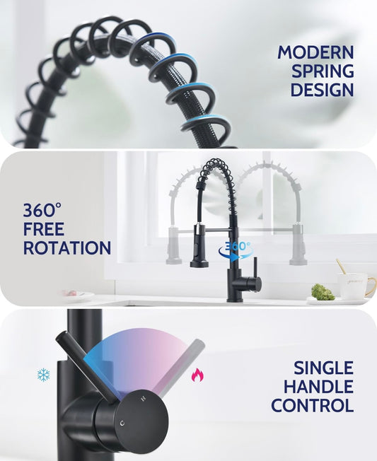 Kitchen Faucet with39  Down Sprayer, Black, Single Handle Pull Out Spring Sink Faucets 1 Or 3 Hole Dual Function for Farmhouse Camper Laundry Utility Rv Wet Bar