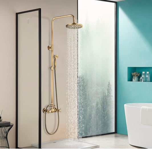 GreenVines Antique Brass Bathroom Shower Faucet System Set 8 Inch Rainfall Shower Head Handheld Spray 2 Knobs Mixing