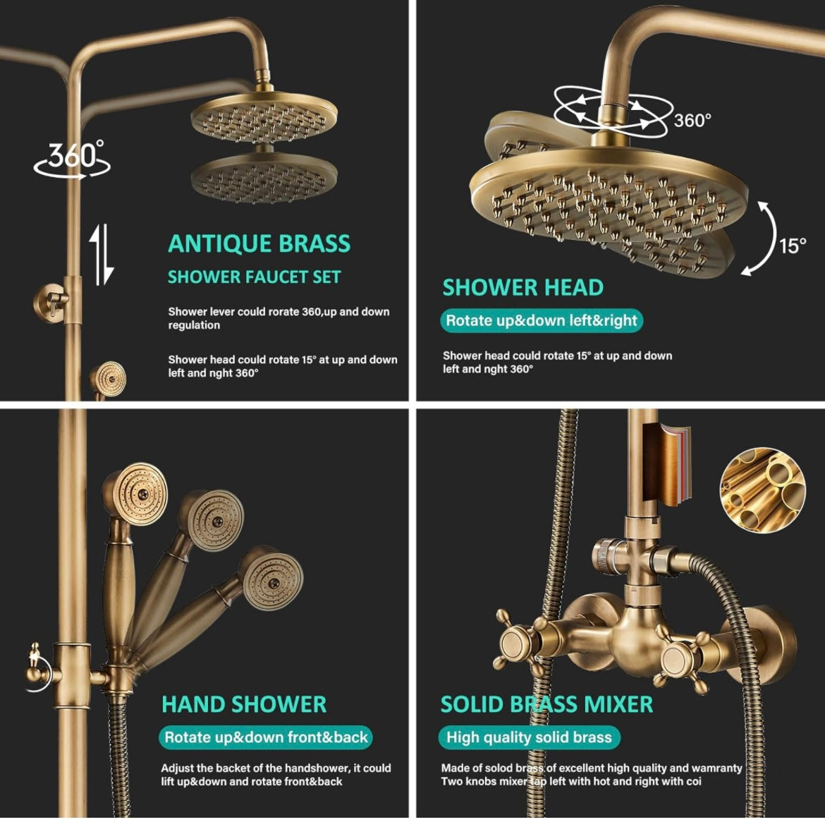 GreenVines Antique Brass Bathroom Shower Faucet System Set 8 Inch Rainfall Shower Head Handheld Spray 2 Knobs Mixing